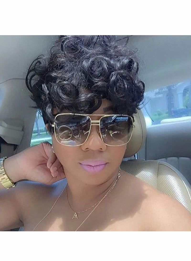 Excefore Black Short Wavy Hair Wigs, Short Curly Pixie Cut Wigs with Bangs Fluffy Natural Daily Wig Heat Resistant Synthetic Fiber Wigs - Image 1