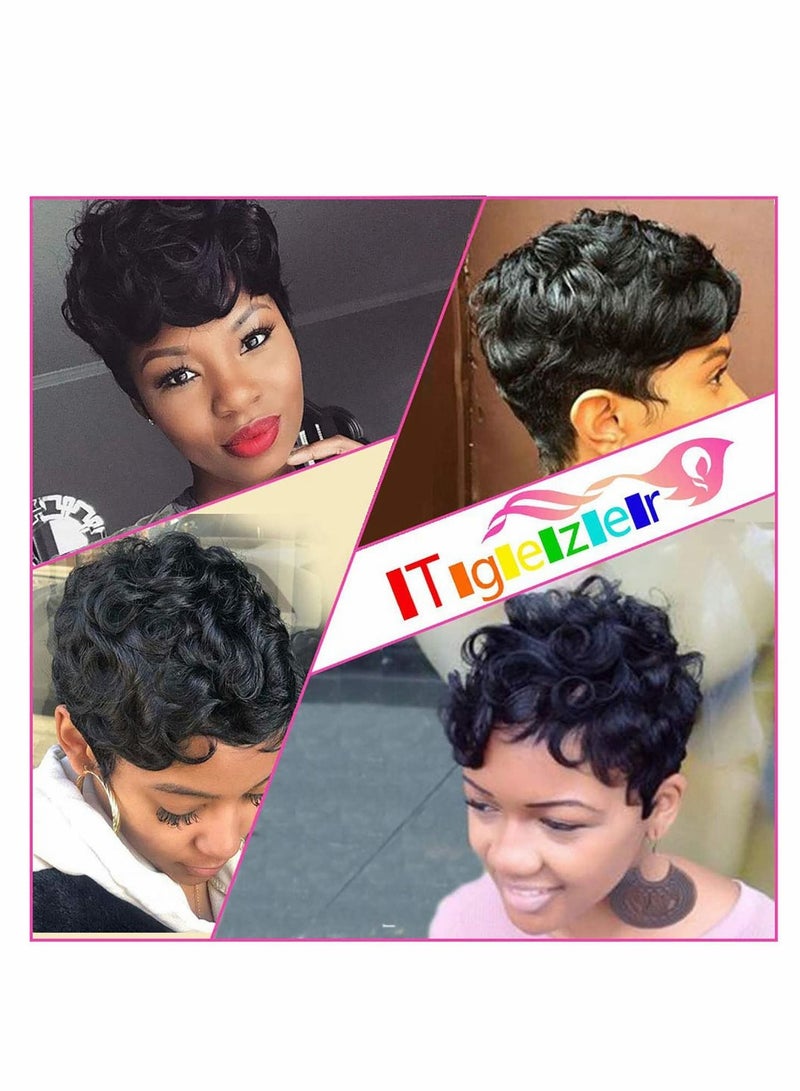 Excefore Black Short Wavy Hair Wigs, Short Curly Pixie Cut Wigs with Bangs Fluffy Natural Daily Wig Heat Resistant Synthetic Fiber Wigs - Image 4