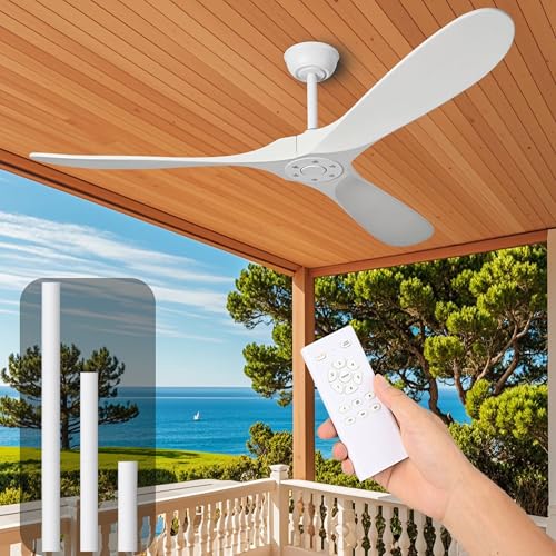 EOPETY 52 Inch White Ceiling Fan No Light ，Wood Outdoor Ceiling Fans for Patios Living Room Bedroom Dc Reversible Modern Ceiling Fan Without Light with Remote Control - Image 1