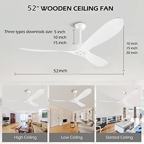EOPETY 52 Inch White Ceiling Fan No Light ，Wood Outdoor Ceiling Fans for Patios Living Room Bedroom Dc Reversible Modern Ceiling Fan Without Light with Remote Control - Image 2