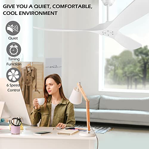 EOPETY 52 Inch White Ceiling Fan No Light ，Wood Outdoor Ceiling Fans for Patios Living Room Bedroom Dc Reversible Modern Ceiling Fan Without Light with Remote Control - Image 3