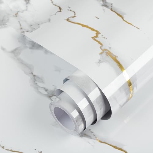 practicalWs Glossy Marble Wallpaper Peel and Stick White/Gold Granite Contact Paper Removable Wall Paper for Kitchen Countertop Cabinet Furniture 17.7" x 78.7" - Image 4