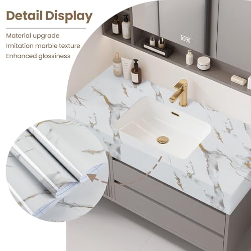 practicalWs Glossy Marble Wallpaper Peel and Stick White/Gold Granite Contact Paper Removable Wall Paper for Kitchen Countertop Cabinet Furniture 17.7" x 78.7" - Image 5