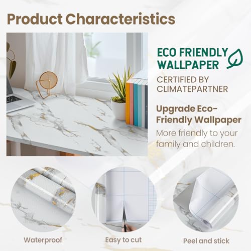 practicalWs Glossy Marble Wallpaper Peel and Stick White/Gold Granite Contact Paper Removable Wall Paper for Kitchen Countertop Cabinet Furniture 17.7" x 78.7" - Image 3