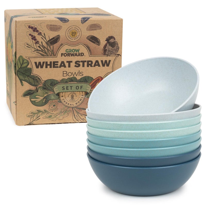 Grow Forward Premium Wheat Straw Bowls - 20oz Microwave Safe Plastic Cereal Bowls Set of 8 for Kitchen, Camping, RV, Dessert, Snack, Soup, Salad, Fruit - Reusable, Unbreakable & BPA Free - Seascape - Image 1