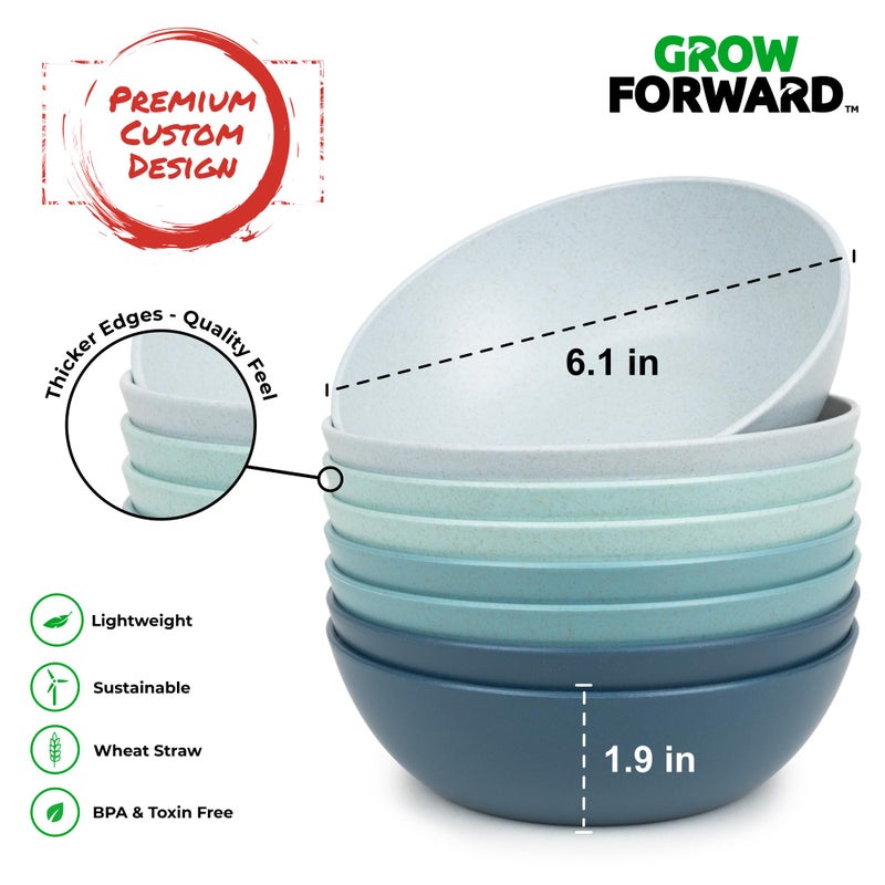 Grow Forward Premium Wheat Straw Bowls - 20oz Microwave Safe Plastic Cereal Bowls Set of 8 for Kitchen, Camping, RV, Dessert, Snack, Soup, Salad, Fruit - Reusable, Unbreakable & BPA Free - Seascape - Image 3