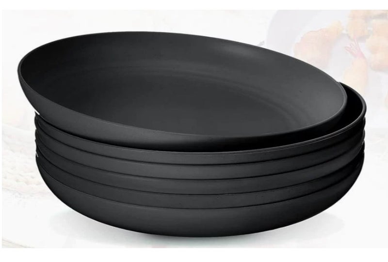 6 Pcs 9 Inch  Plates Set Lightweight Unbreakable Deep Dinner Plates Reusable Plastic Plates Microwave and Dishwasher Safe for Kitchen Salad Dessert Fruit Cakes Dish(Black) - Image 1