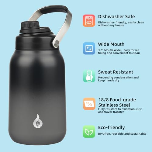 BJPKPK Half Gallon Insulated Water Bottles 64oz Water Jug with Metal Handle BPA Free Spout Lid Dishwasher Safe Flasks Large Stainless Steel Gym Sport Jugs Black Grey - Image 3