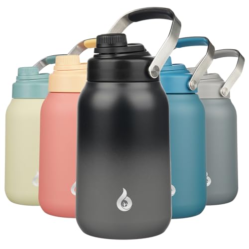 BJPKPK Half Gallon Insulated Water Bottles 64oz Water Jug with Metal Handle BPA Free Spout Lid Dishwasher Safe Flasks Large Stainless Steel Gym Sport Jugs Black Grey - Image 1