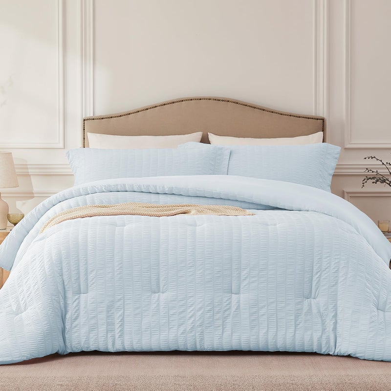 Quataly SkyBlue Queen Comforter Set - 3 Pieces Seersucker Lightweight Bedding Comforter Sets (1 Soft Fluffy Comforter & 2 Pillowcases) - All Seasons Cozy Modern Bed Sets - Image 1