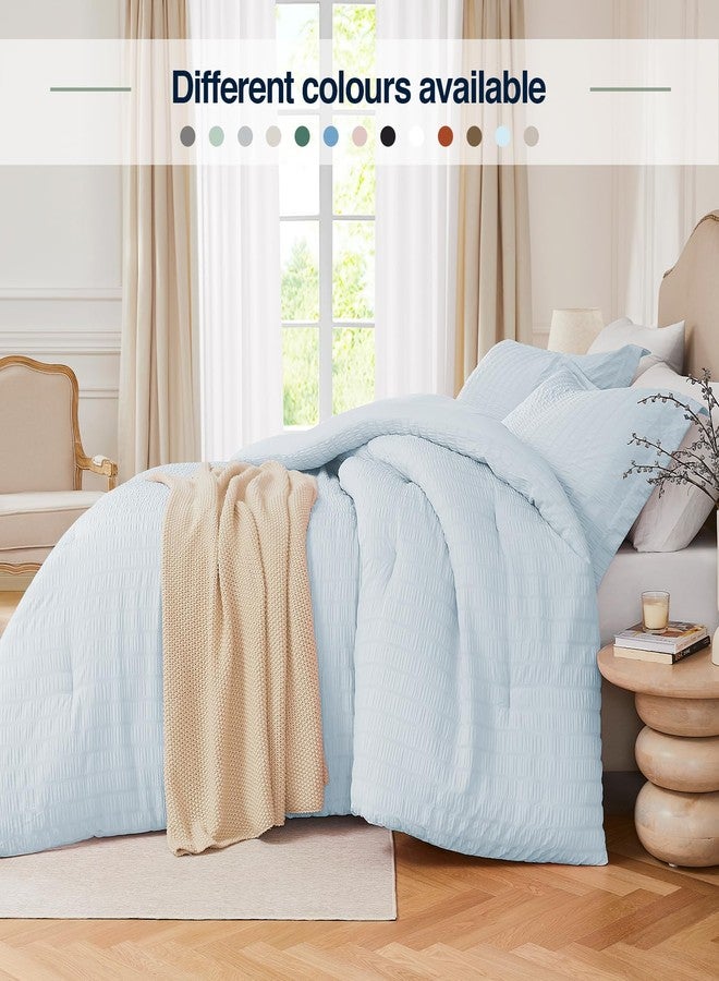Quataly SkyBlue Queen Comforter Set - 3 Pieces Seersucker Lightweight Bedding Comforter Sets (1 Soft Fluffy Comforter & 2 Pillowcases) - All Seasons Cozy Modern Bed Sets - Image 5