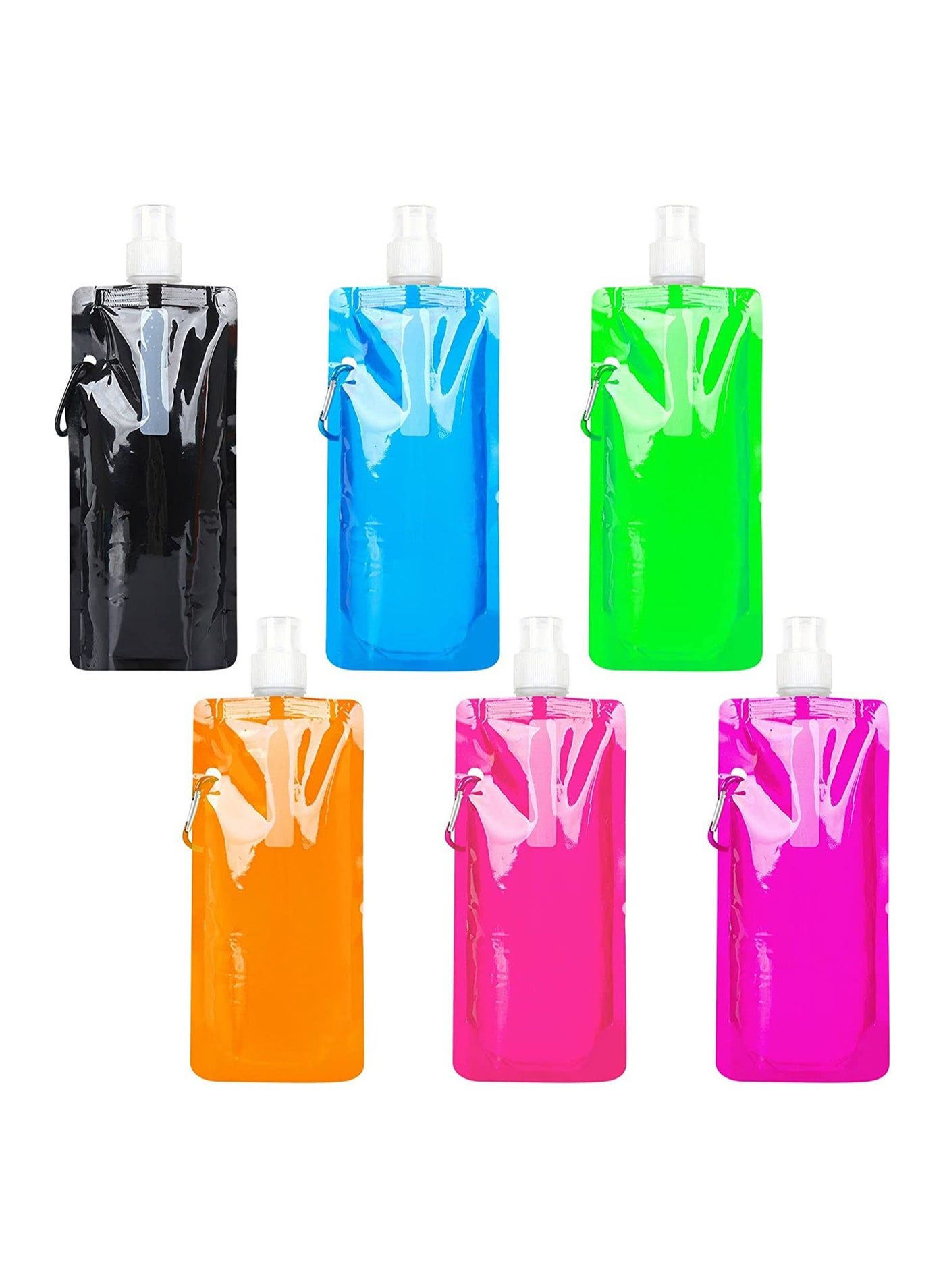 Colorful Foldable Sports Water Bottles, 6 Pack Reusable Drink Pouches, 480ml Collapsible Hydration Bags for Outdoor Activities, Biking, Hiking, Travel