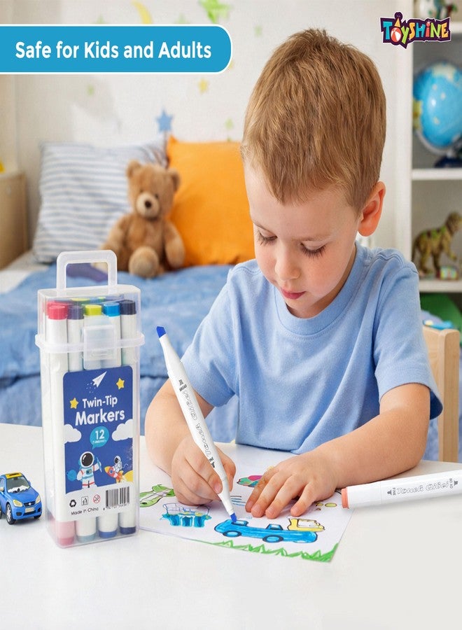 Toyshine12Pc Twin Tip Marker Pens Set with Storage Case | Dual Tip Colour Markers for Kids & Adults | Smooth Writing Art Markers for Drawing Coloring Sketching School Projects & Creative Use - Image 2