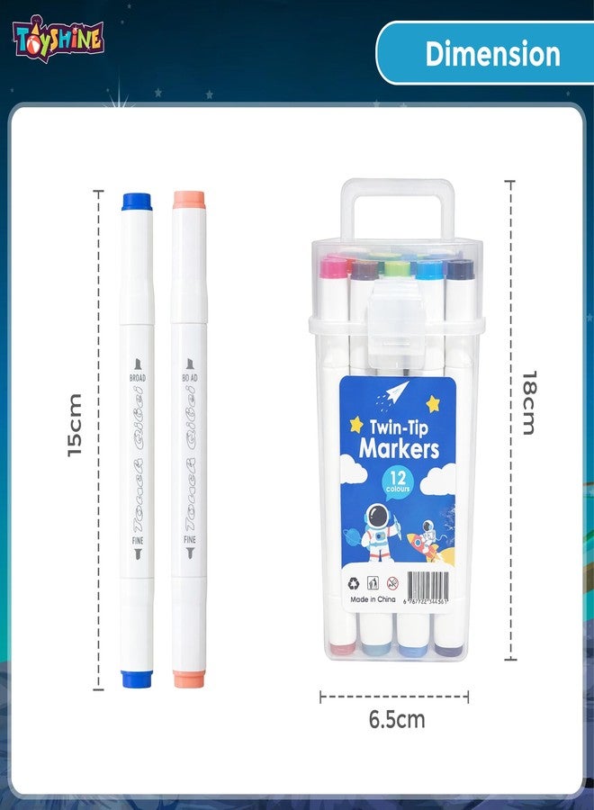 Toyshine12Pc Twin Tip Marker Pens Set with Storage Case | Dual Tip Colour Markers for Kids & Adults | Smooth Writing Art Markers for Drawing Coloring Sketching School Projects & Creative Use - Image 5