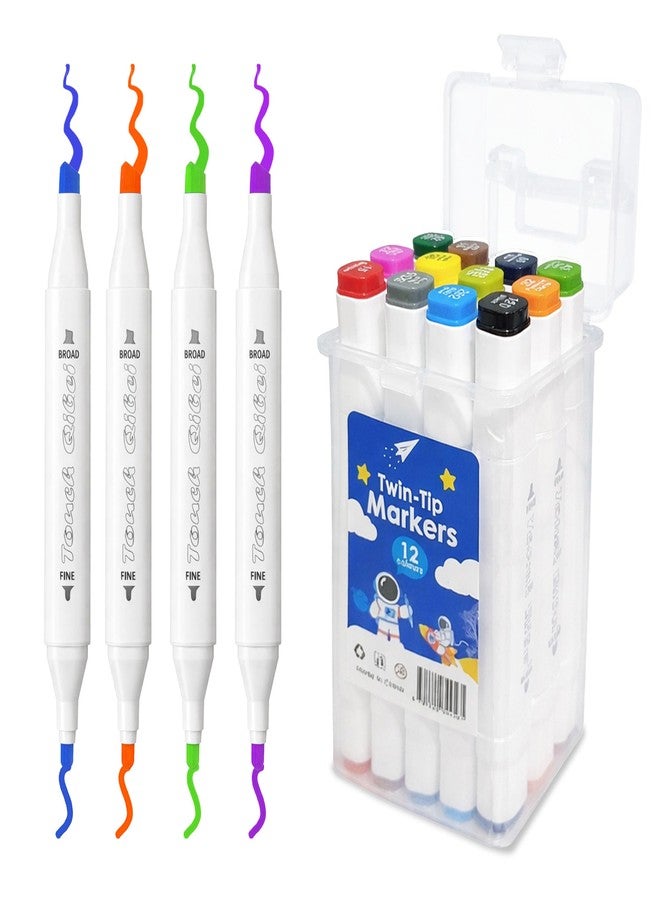 Toyshine12Pc Twin Tip Marker Pens Set with Storage Case | Dual Tip Colour Markers for Kids & Adults | Smooth Writing Art Markers for Drawing Coloring Sketching School Projects & Creative Use - Image 1