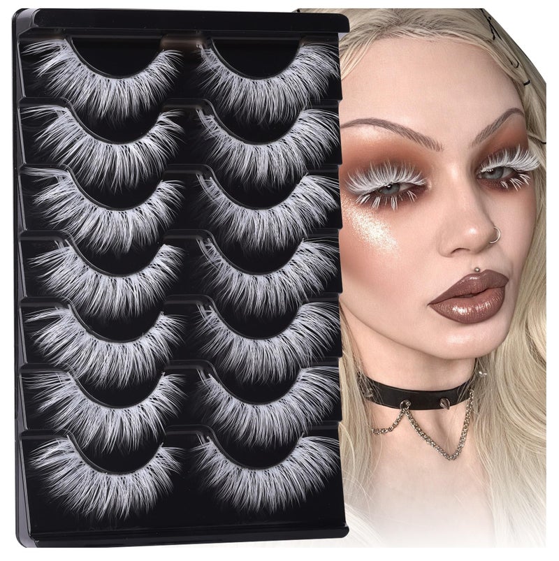 wiwoseo White Lashes Natural Look Eyelashes Halloween White Eyelashes Cat Eye Lashes Clear Band Lashes Halloween Cosplay Lash Extensions Wispy False Lashes 7 Pairs - Image 1