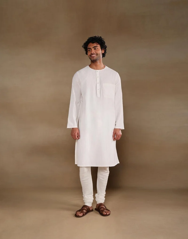 Fabindia Offwhite Cotton Stripe Long Kurta