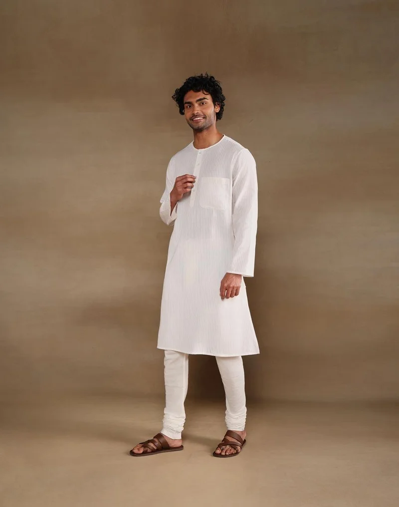 Fabindia  Offwhite Cotton Stripe Long Kurta for Men | Best Price UAE