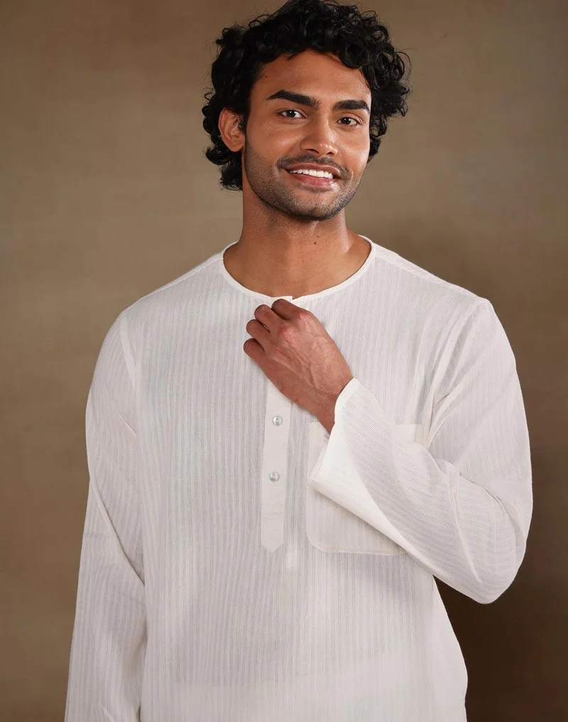 Fabindia  Offwhite Cotton Stripe Long Kurta for Men | Best Price UAE