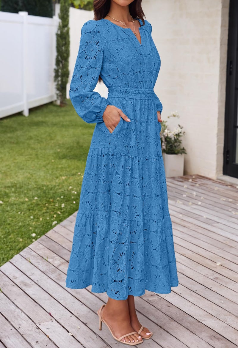 MEROKEETY Women's Fall Long Sleeve Floral Maxi Dress Lace Eyelet Hollow Out Tiered Boho Wedding Guest Dresses Pockets, DarkBlue, X-Large - Image 3