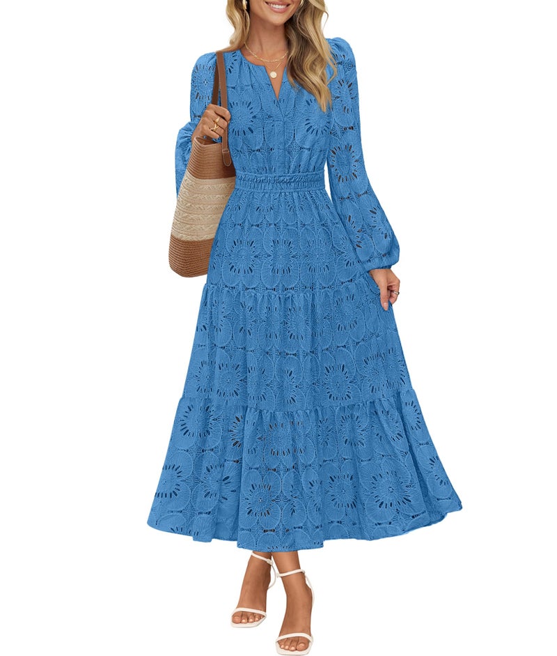 MEROKEETY Women's Fall Long Sleeve Floral Maxi Dress Lace Eyelet Hollow Out Tiered Boho Wedding Guest Dresses Pockets, DarkBlue, X-Large - Image 1