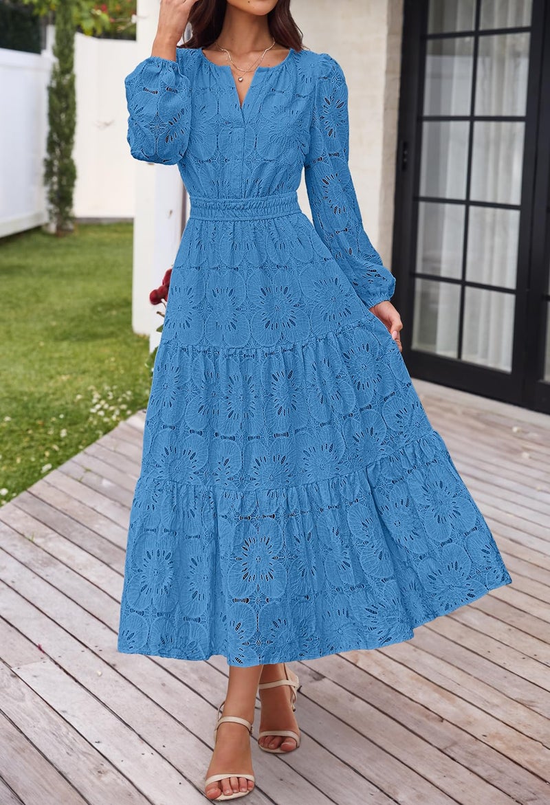 MEROKEETY Women's Fall Long Sleeve Floral Maxi Dress Lace Eyelet Hollow Out Tiered Boho Wedding Guest Dresses Pockets, DarkBlue, X-Large - Image 2