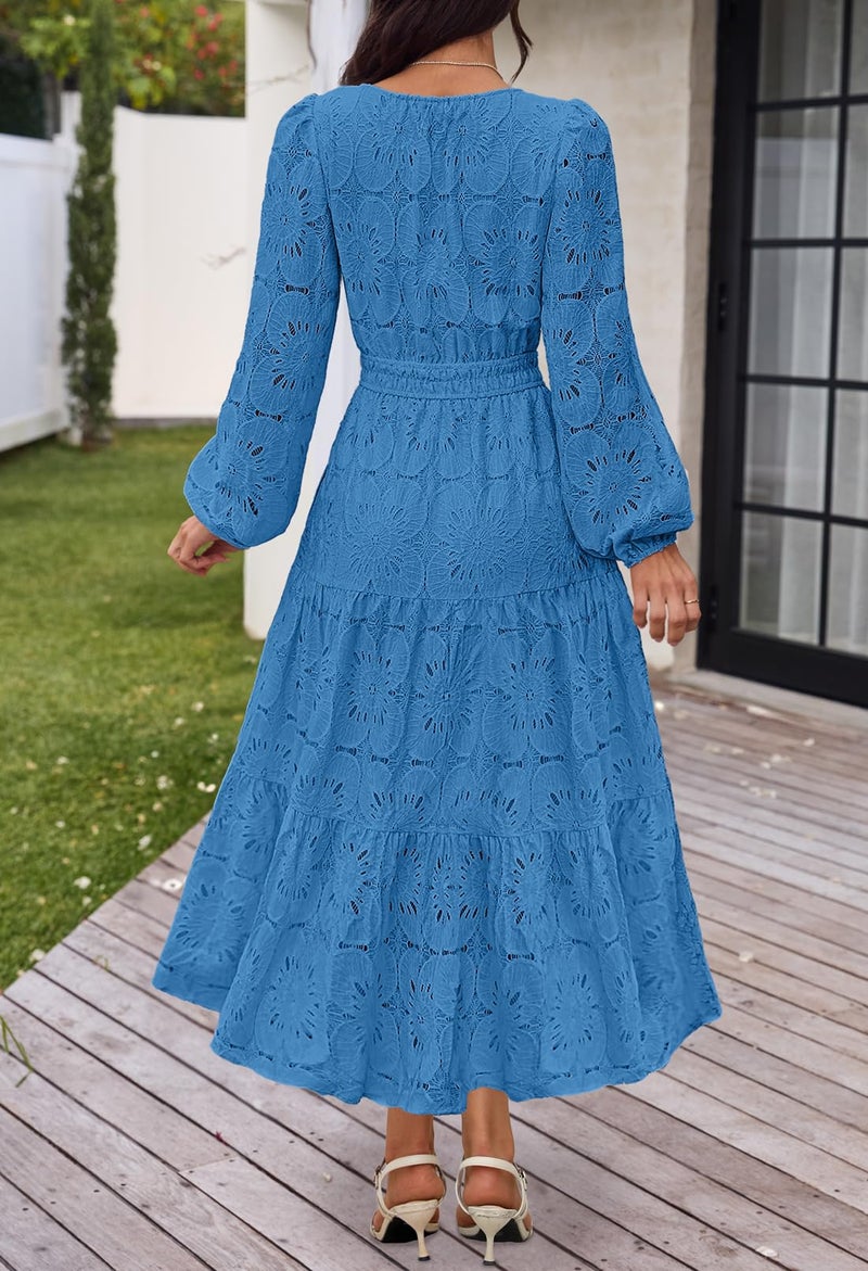 MEROKEETY Women's Fall Long Sleeve Floral Maxi Dress Lace Eyelet Hollow Out Tiered Boho Wedding Guest Dresses Pockets, DarkBlue, X-Large - Image 4