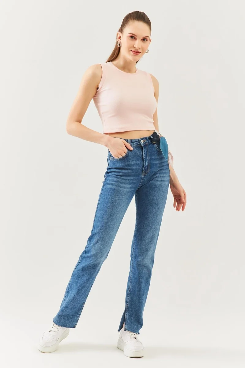 بوتيكجيز Pudra Sıfır Kol Bisiklet Yaka Vucuda Oturan %100 Pamuklu Kaşkorse Esnek Crop Bluz