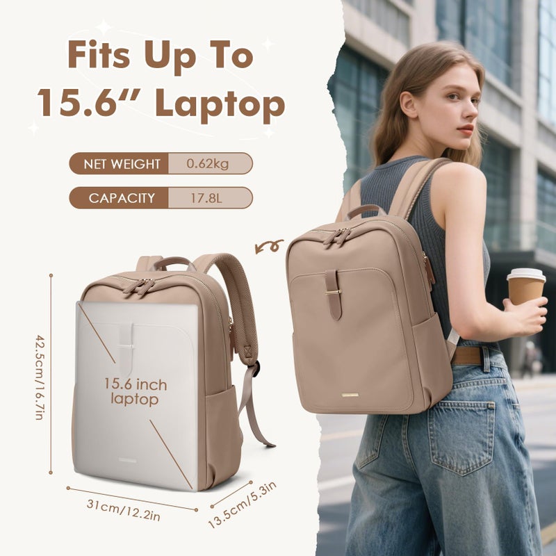 GOLF QUALITY Laptop Backpack for Women,Casual Work Business Backpacks Purse Carry on Travel Backpack,15.6 Inch,Champagne Brown - Image 4
