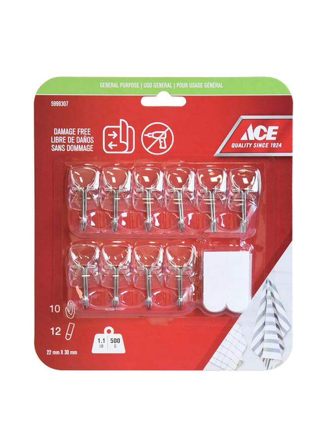 ACE 10-Piece Damage Free General Purpose Adhesive Hook with Strips Clear 2.2 x 3cm  - Image 1