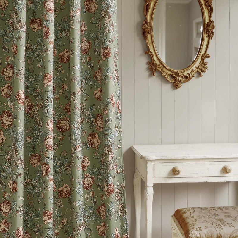 StangH Retro Sage Green Curtains for Living Room, Super Soft Velvet Print Window Drapes with Floral French Country Privacy Sliding Door Curtains for Cafe Hallway, W52 x L84, 2 Panels - Image 2