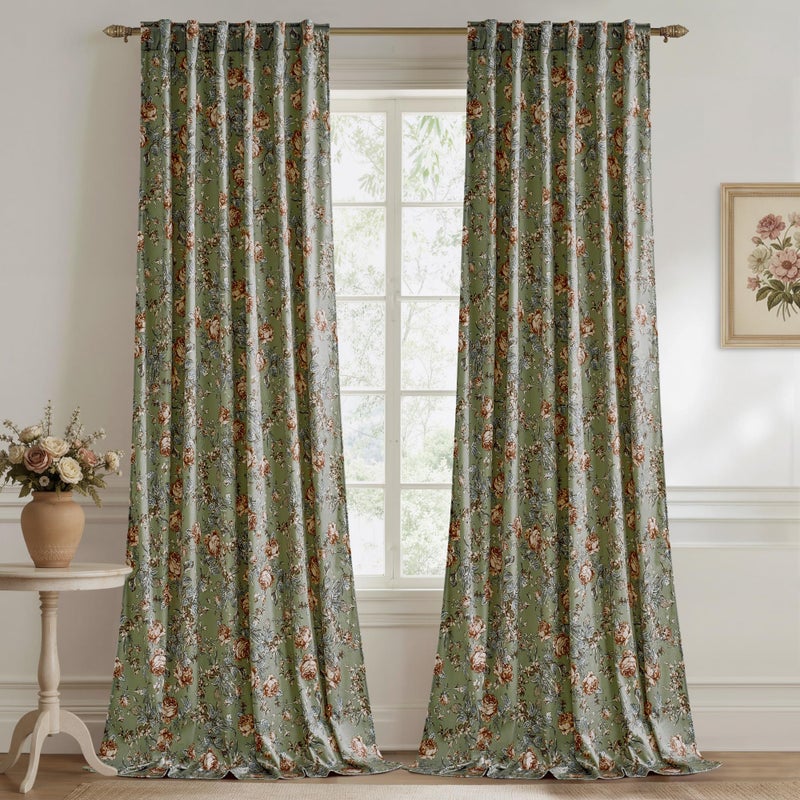 StangH Retro Sage Green Curtains for Living Room, Super Soft Velvet Print Window Drapes with Floral French Country Privacy Sliding Door Curtains for Cafe Hallway, W52 x L84, 2 Panels - Image 1