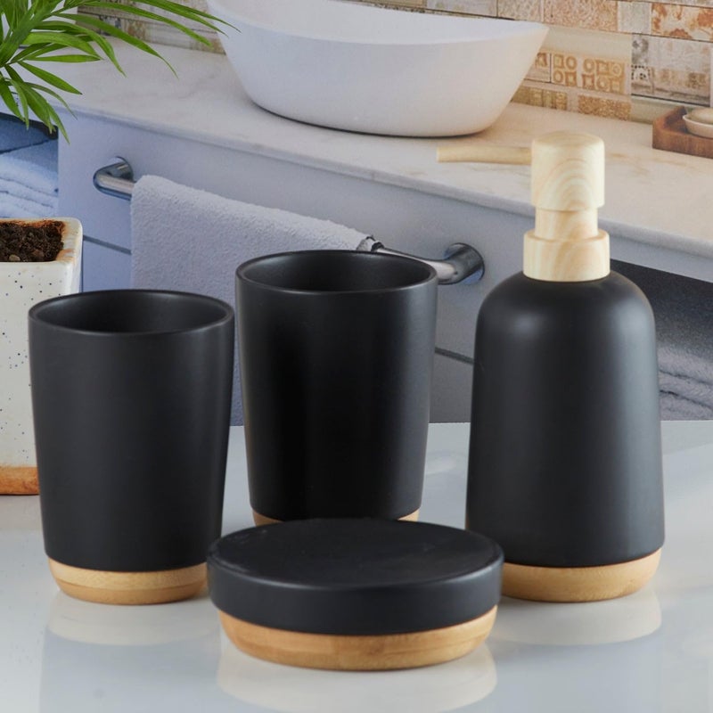 Kookee Ceramic Bathroom Set Stylish 4 Piece Bath Accessories Kit with Soap Dispenser Toothbrush Holder Tumbler Soap Dish Modern Designer Decor for Home Guest Bathrooms Black 9619 - Image 3
