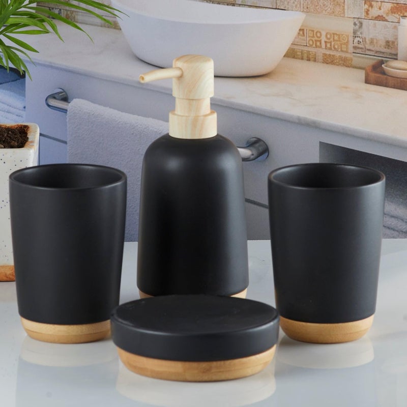 Kookee Ceramic Bathroom Set Stylish 4 Piece Bath Accessories Kit with Soap Dispenser Toothbrush Holder Tumbler Soap Dish Modern Designer Decor for Home Guest Bathrooms Black 9619 - Image 4