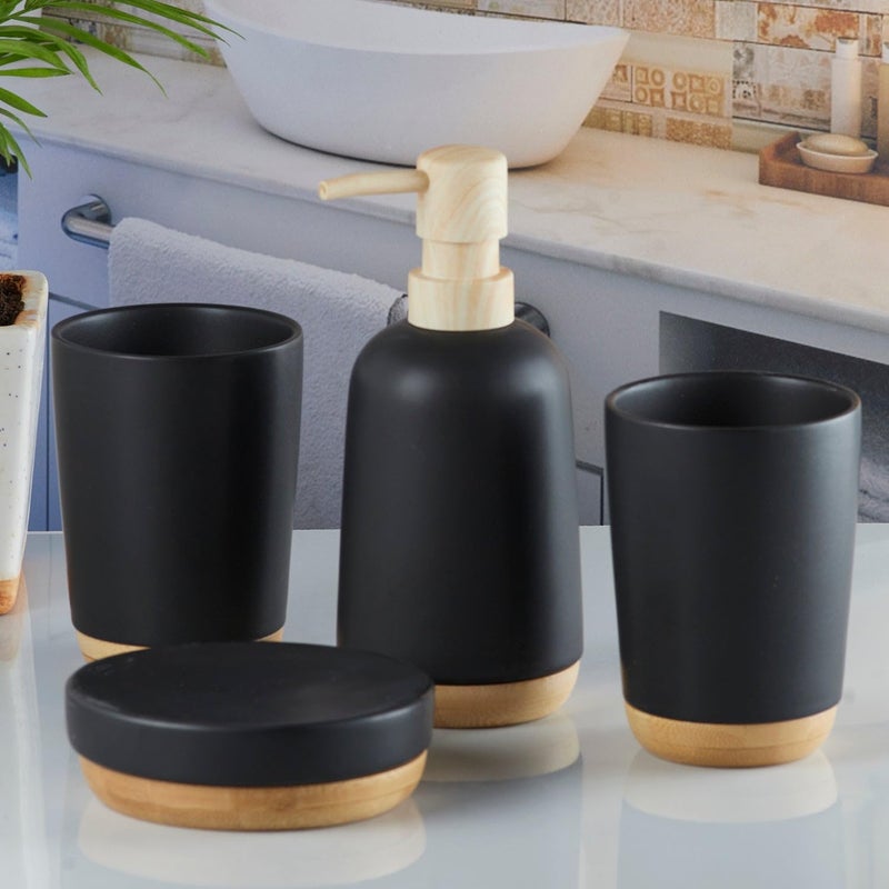 Kookee Ceramic Bathroom Set Stylish 4 Piece Bath Accessories Kit with Soap Dispenser Toothbrush Holder Tumbler Soap Dish Modern Designer Decor for Home Guest Bathrooms Black 9619 - Image 2