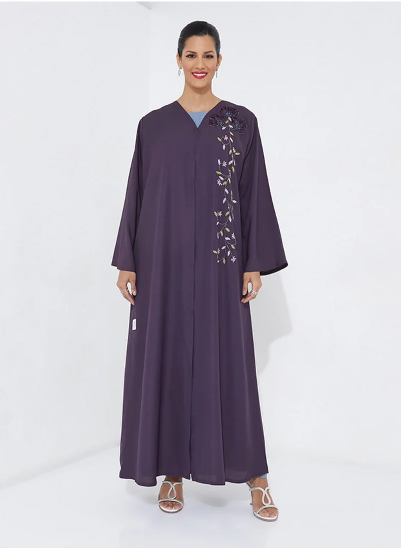 Rosette Abaya Abaya Purple With Embroidered