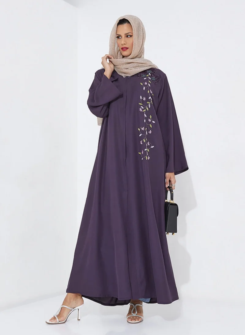 Rosette Abaya Abaya Purple With Embroidered