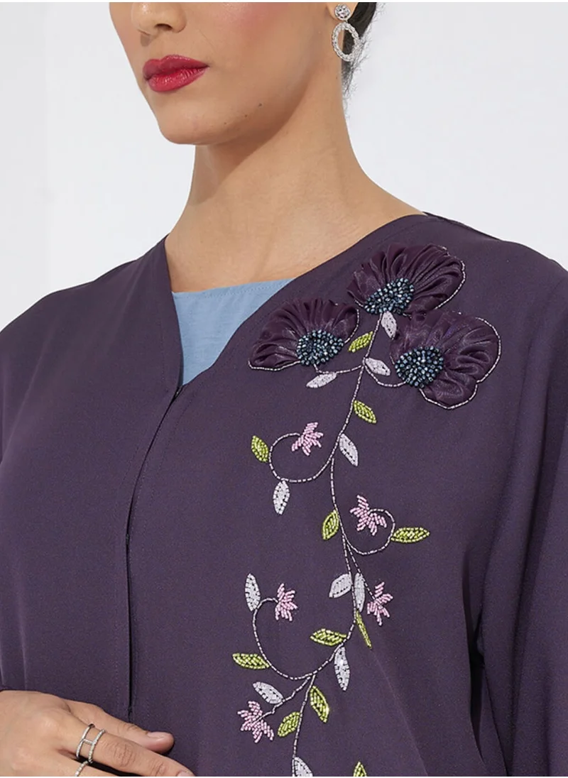 Rosette Abaya Abaya Purple With Embroidered
