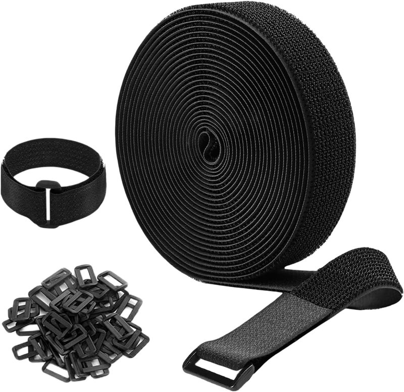 CREWLA CREWLA Reusable Cable Ties 50 Buckles with Hook and Loop Straps Black Adjustable Wire Management and Cord Organiser  - Image 1
