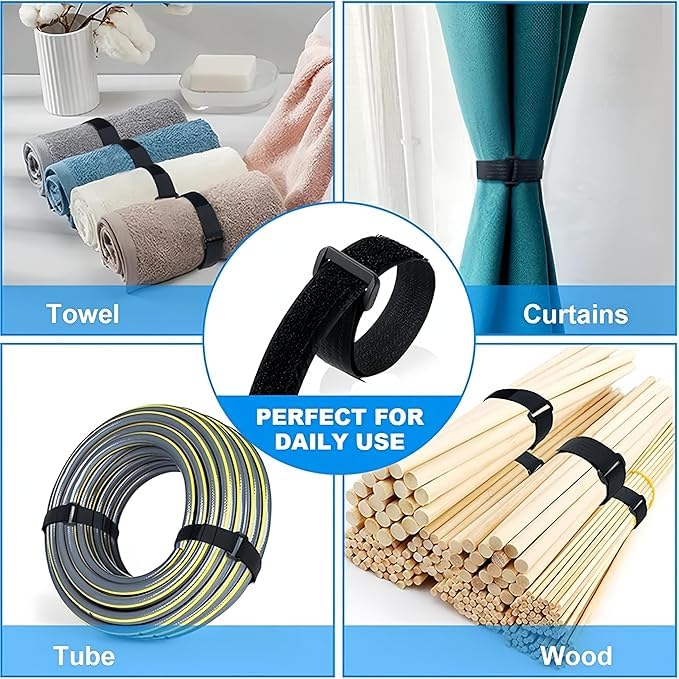 CREWLA CREWLA Reusable Cable Ties 50 Buckles with Hook and Loop Straps Black Adjustable Wire Management and Cord Organiser  - Image 3