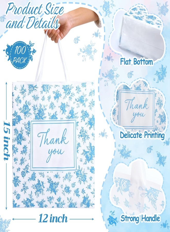 Qilery 100 Pcs Blue Floral Gift Bags Bulk Thank You Bags with Handles 12" x 15" Plastic Thank You Appreciation Party Favor Candy Treat Goodie Gift for Christmas Wedding Welcome Bride Shower Engagement - Image 2