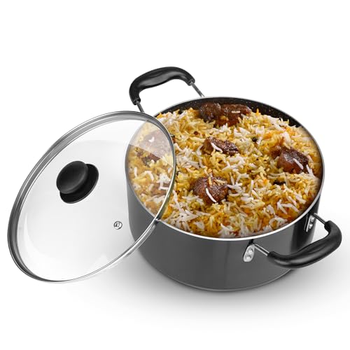 AGARO Elegant Non Stick Biryani Pot with Glass Lid, 26 cm Diameter, 5.5 Liter Capacity, Non Stick Coated Aluminium Pot, Side Handle, Gas & Induction Oven Compatible, Biriyani, Pulao, Rice - Image 1