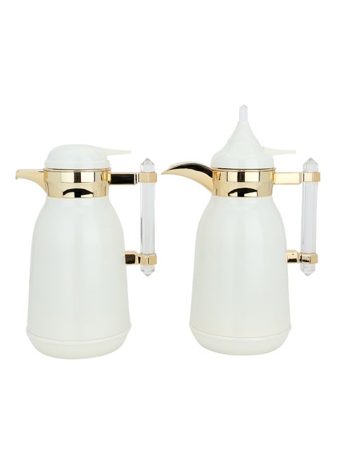 Shahd White Silver Thermos Set With Gilded Line And Acrylic Handle, Two Pieces