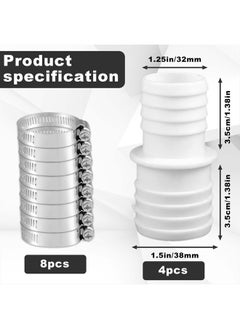 SAVITA 4pcs Pool Hose Adapter 1.5 to 1.25" with 8pcs Adjustable Stainless Steel Clamps, Double-Ended Swimming Pool Hose Adapter for 1.5 to 1.25" Connector (White)  - Image 2