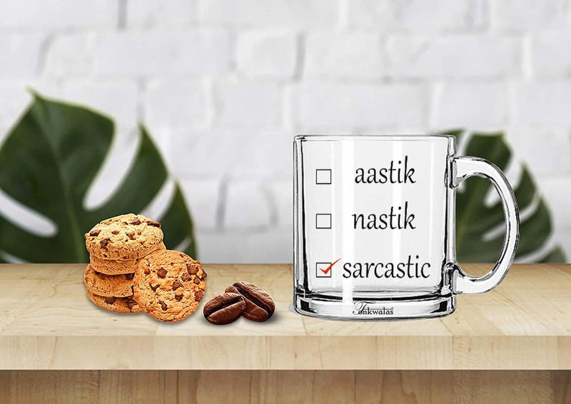 TONKWALAS Aastik, Nastik and Sarcastic Printed Transparent Glass Coffee and Tea Mug (325 ML) - Image 2