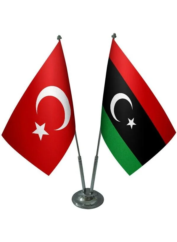 ساترنديزاين Desktop Libya Flag Turkish Flag Double Chrome Pole Table Flag Set