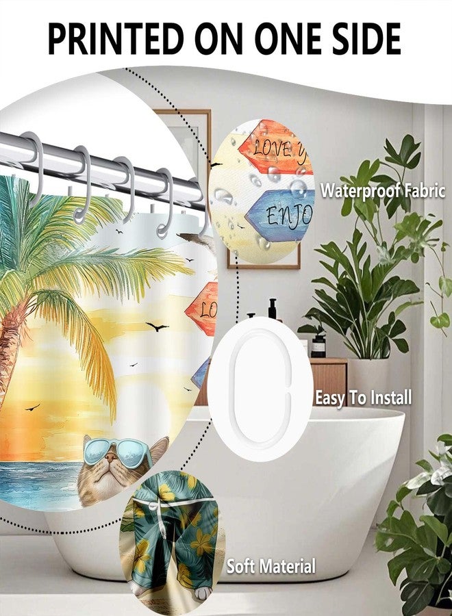 Drgilau Tropical Beach Shower Curtain, Summer Beach Shower Curtain Set Funny Cat Bathroom Curtains Decor, Ocean Coastal Sunset Bath Curtains Hawaii Seaside Bath Decor with 12 Hooks 72X72 Inch - Image 4