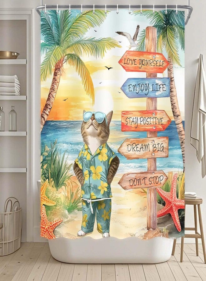 Drgilau Tropical Beach Shower Curtain, Summer Beach Shower Curtain Set Funny Cat Bathroom Curtains Decor, Ocean Coastal Sunset Bath Curtains Hawaii Seaside Bath Decor with 12 Hooks 72X72 Inch - Image 3
