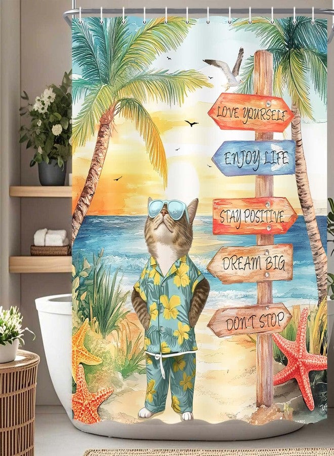 Drgilau Tropical Beach Shower Curtain, Summer Beach Shower Curtain Set Funny Cat Bathroom Curtains Decor, Ocean Coastal Sunset Bath Curtains Hawaii Seaside Bath Decor with 12 Hooks 72X72 Inch - Image 1