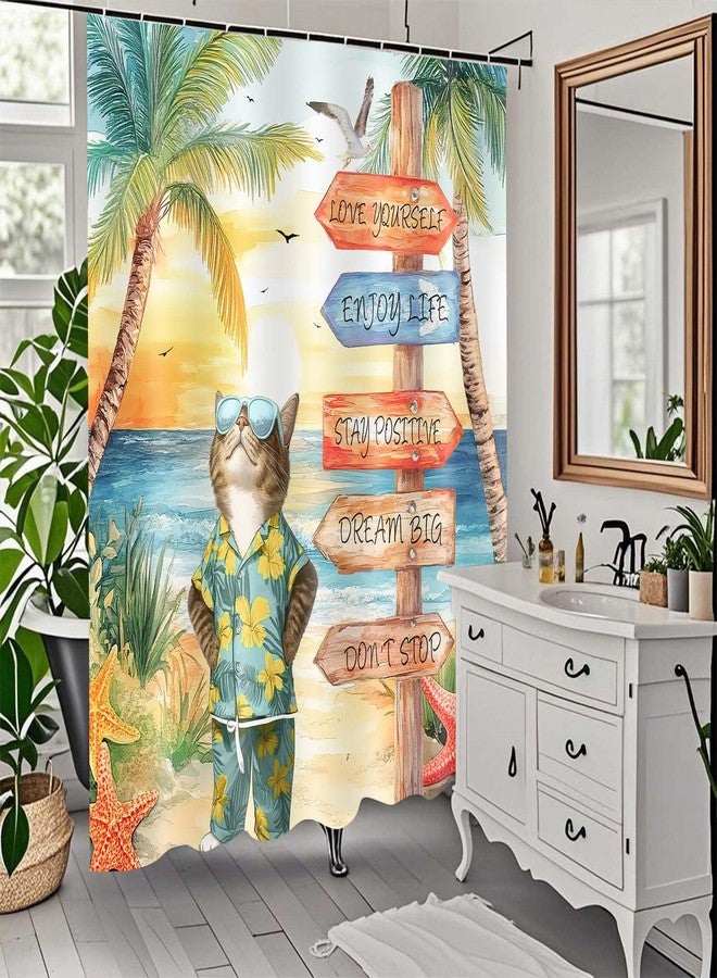 Drgilau Tropical Beach Shower Curtain, Summer Beach Shower Curtain Set Funny Cat Bathroom Curtains Decor, Ocean Coastal Sunset Bath Curtains Hawaii Seaside Bath Decor with 12 Hooks 72X72 Inch - Image 2